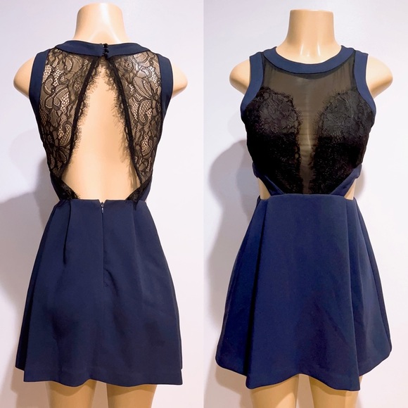 BCBGeneration Navy Blue Black Lace Inset Pleated Skirt Cutout Side Mini Dress 2 - Picture 5 of 15